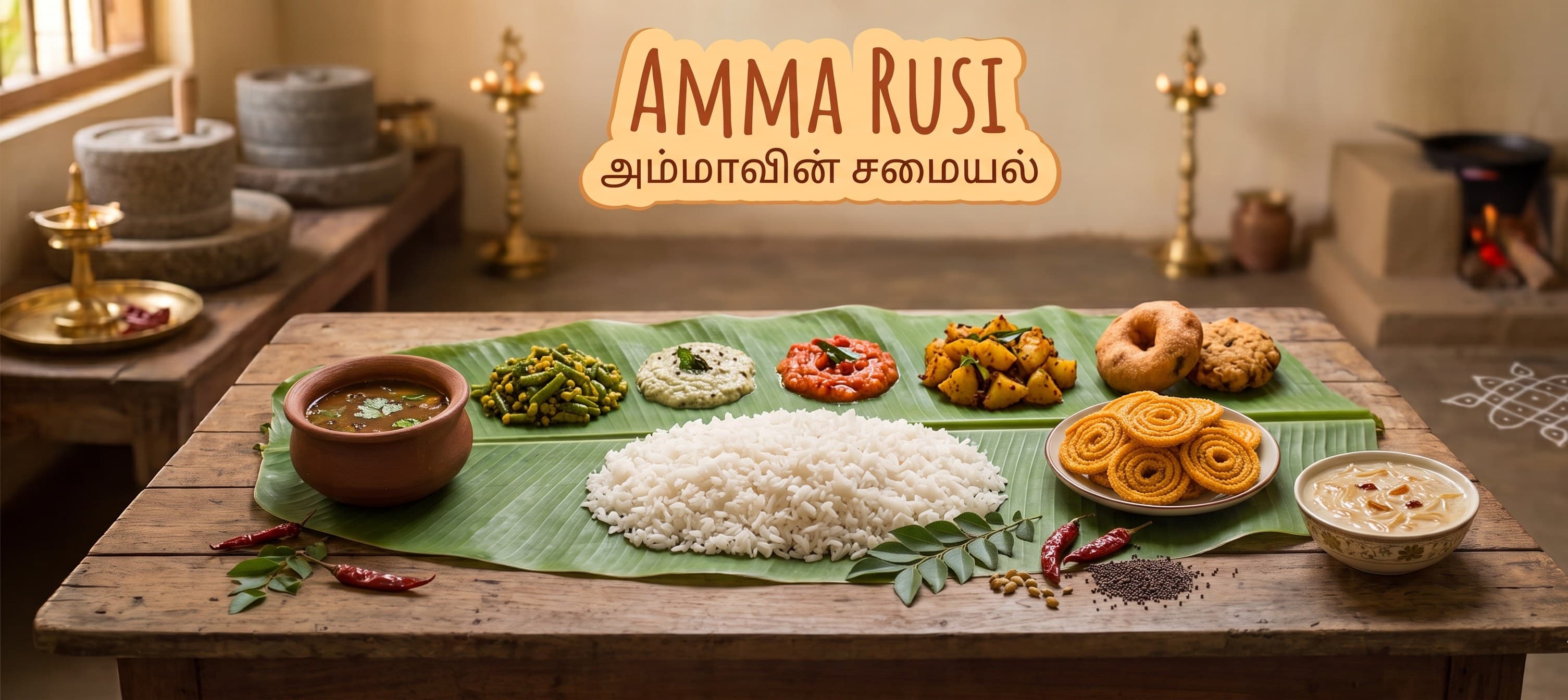 Amma Rusi, a traditional South Indian meal served on a banana leaf